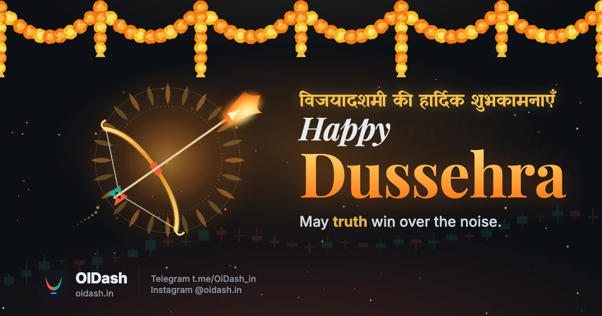 Happy Dussehra from OIDash: Rama's bow and a flaming arrow under a marigold toran. May truth win over the noise.